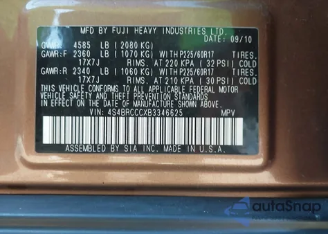 2011 Subaru Outback 2.5I Premium from USA, damaged, VIN 4S4BRCCCXB3346625